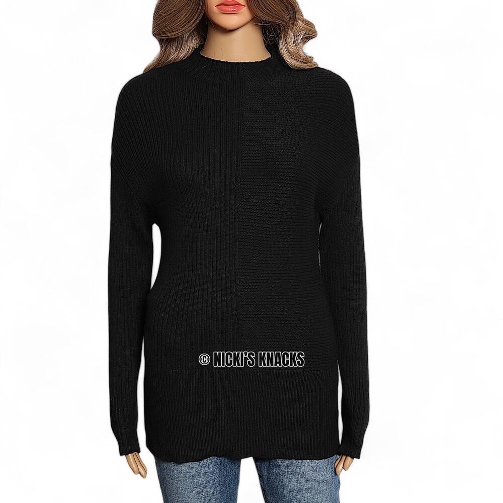 Cyrus Black Ribbed Mockneck Sweater Long Sleeve Asymmetric Knit Top Size XS - Picture 2 of 11